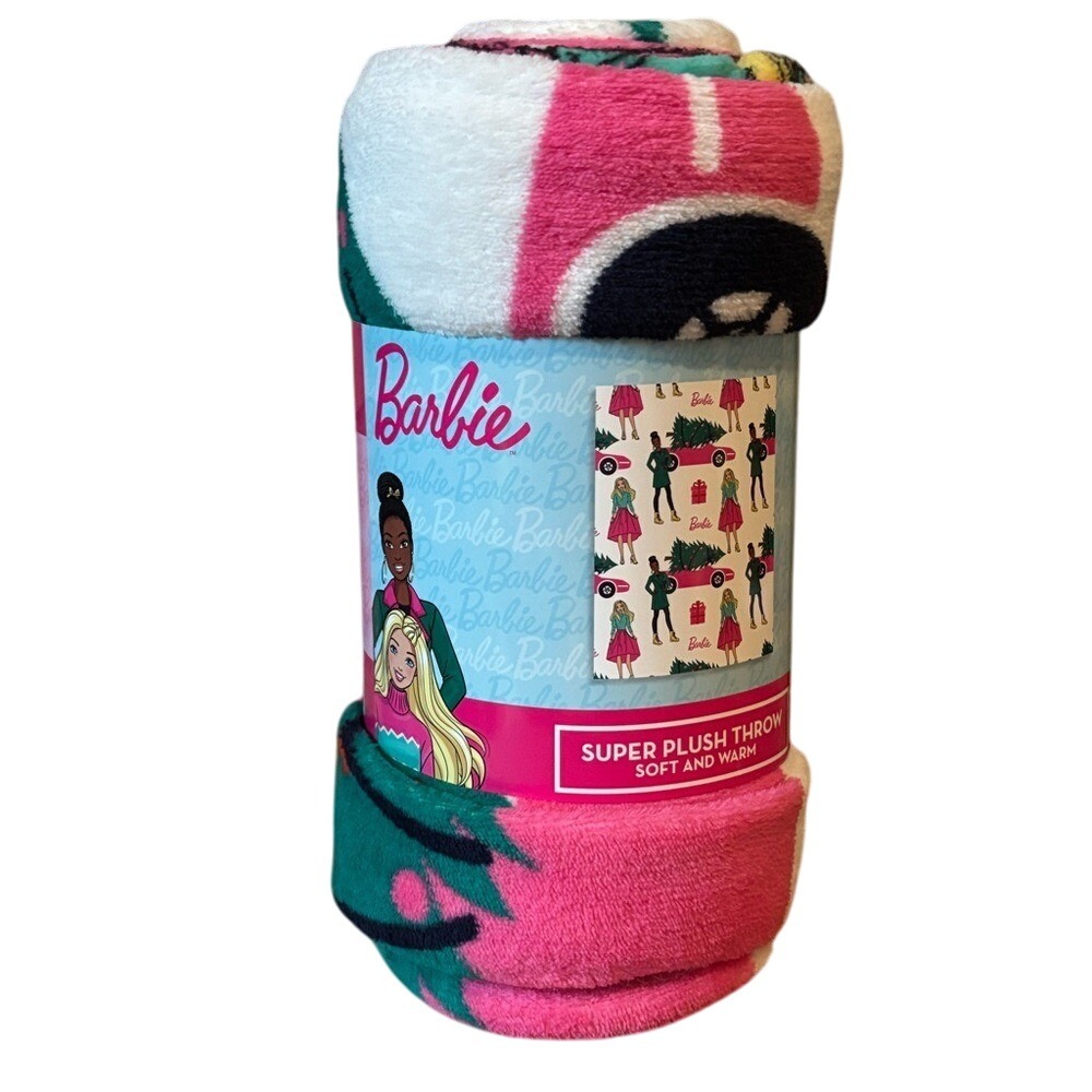 Barbie Holiday Blanket Super Plush Throw Christmas Tree & Car Design 46" by 60"